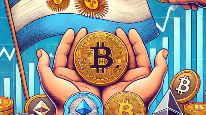 DALL·E 2024 07 09 17.28.52 Create a featured image for an article titled Argentinas Economy Finds a Lifeline in Crypto Amid Sky High Inflation Rates Report Shows. Show the A.webp