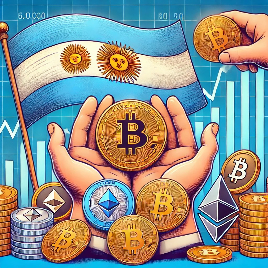 DALL·E 2024 07 09 17.28.52 Create a featured image for an article titled Argentinas Economy Finds a Lifeline in Crypto Amid Sky High Inflation Rates Report Shows. Show the A.webp