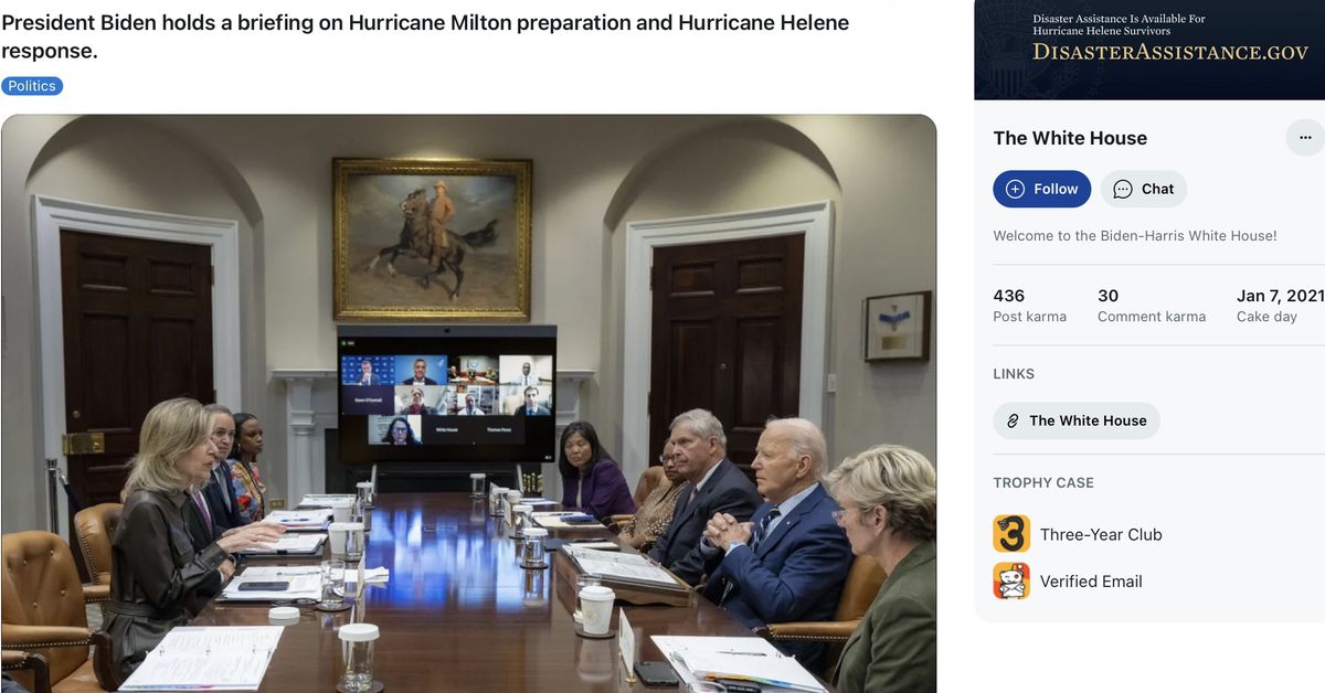 Белый дом начал публиковать сообщения на Reddit, чтобы обсудить ураган Милтон.